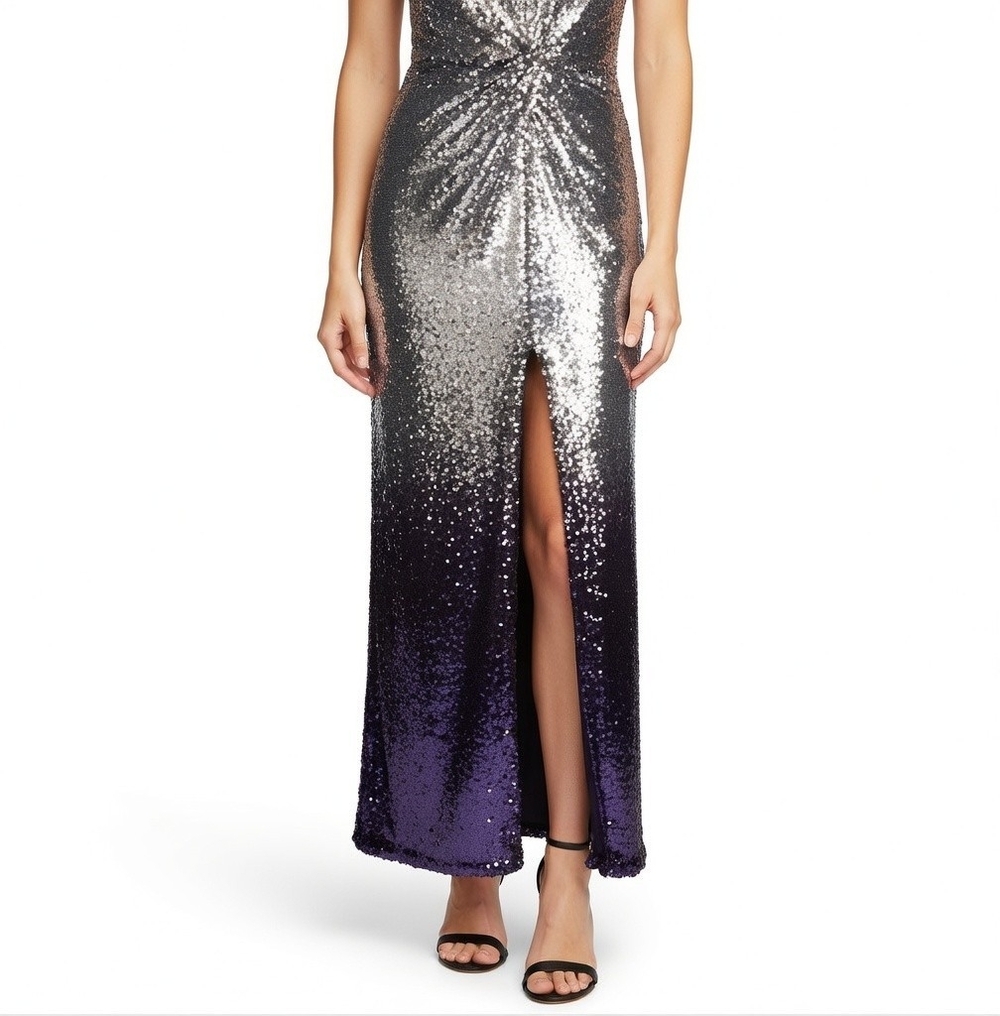Calvin Klein Sequined Ombre Maxi Dress Silver Purple V-Neck Ball Gown Size 8 - Picture 4 of 11